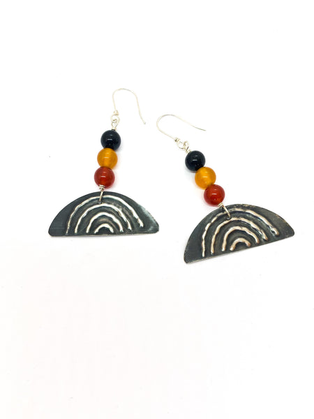 Yulubirrngiin, gunhungurraan “Rainbow” Earrings Black Yellow Red Agate Flag Colours