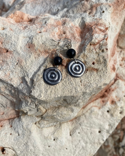 Black Agate Waterhole Sterling Silver Earrings
