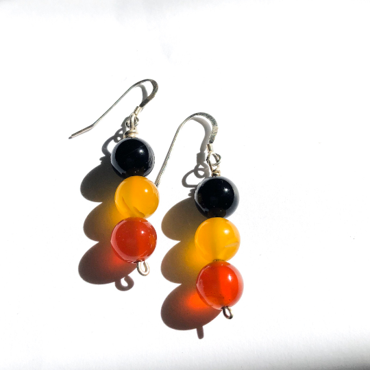 Sterling silver and Black Yellow Red Agate Earrings Aboriginal Flag Colours